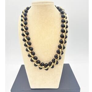 Signed Monet Black Bead & Gold Chain Double Strand Statement Necklace, 1980s